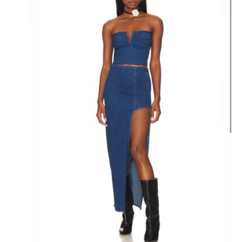 Line & Dot Joey Denim‎ Top Ruched Front Strapless Cropped Notched Blue XS